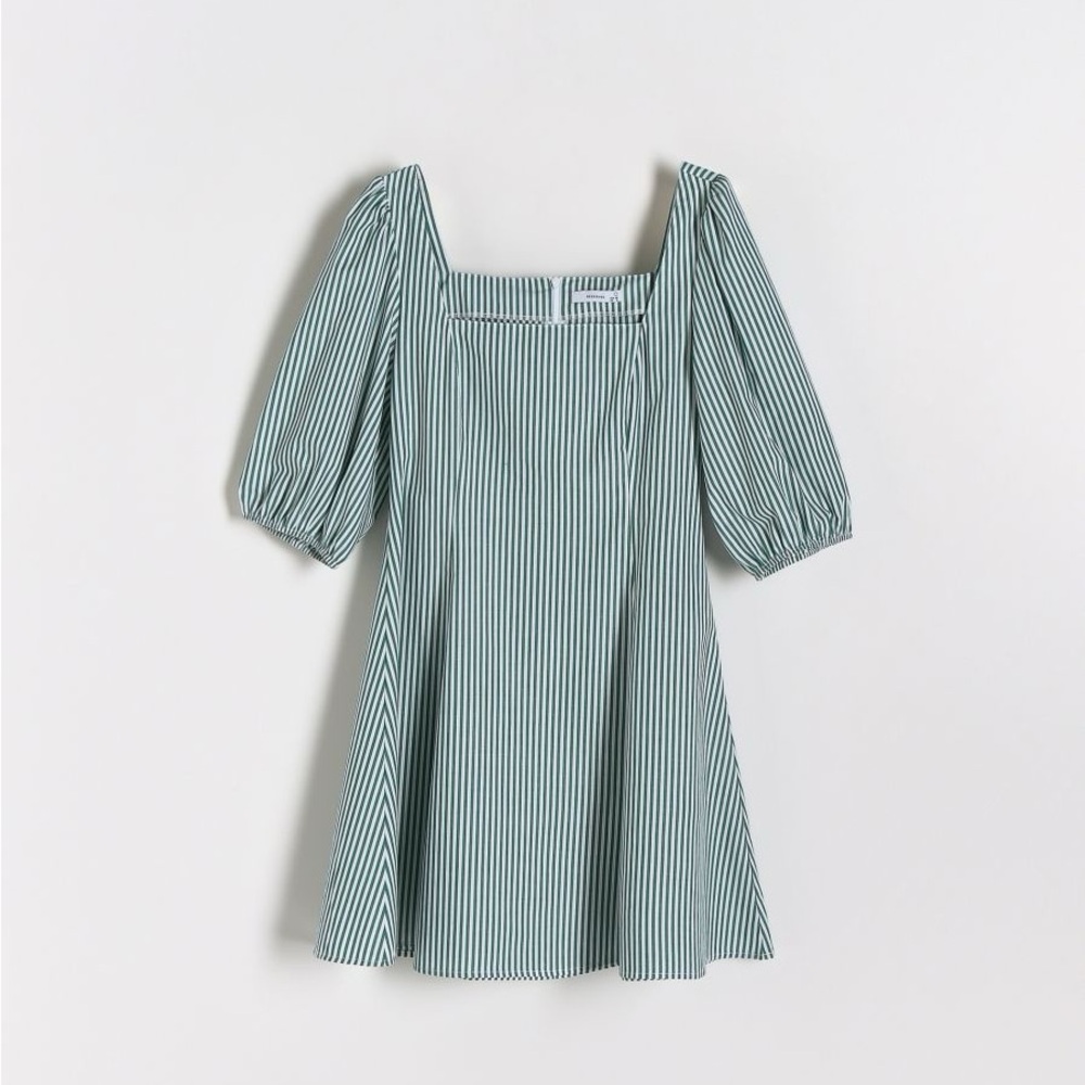 Reserved - Green and White Striped Puff Sleeve Babydoll Empire A-Line Dress